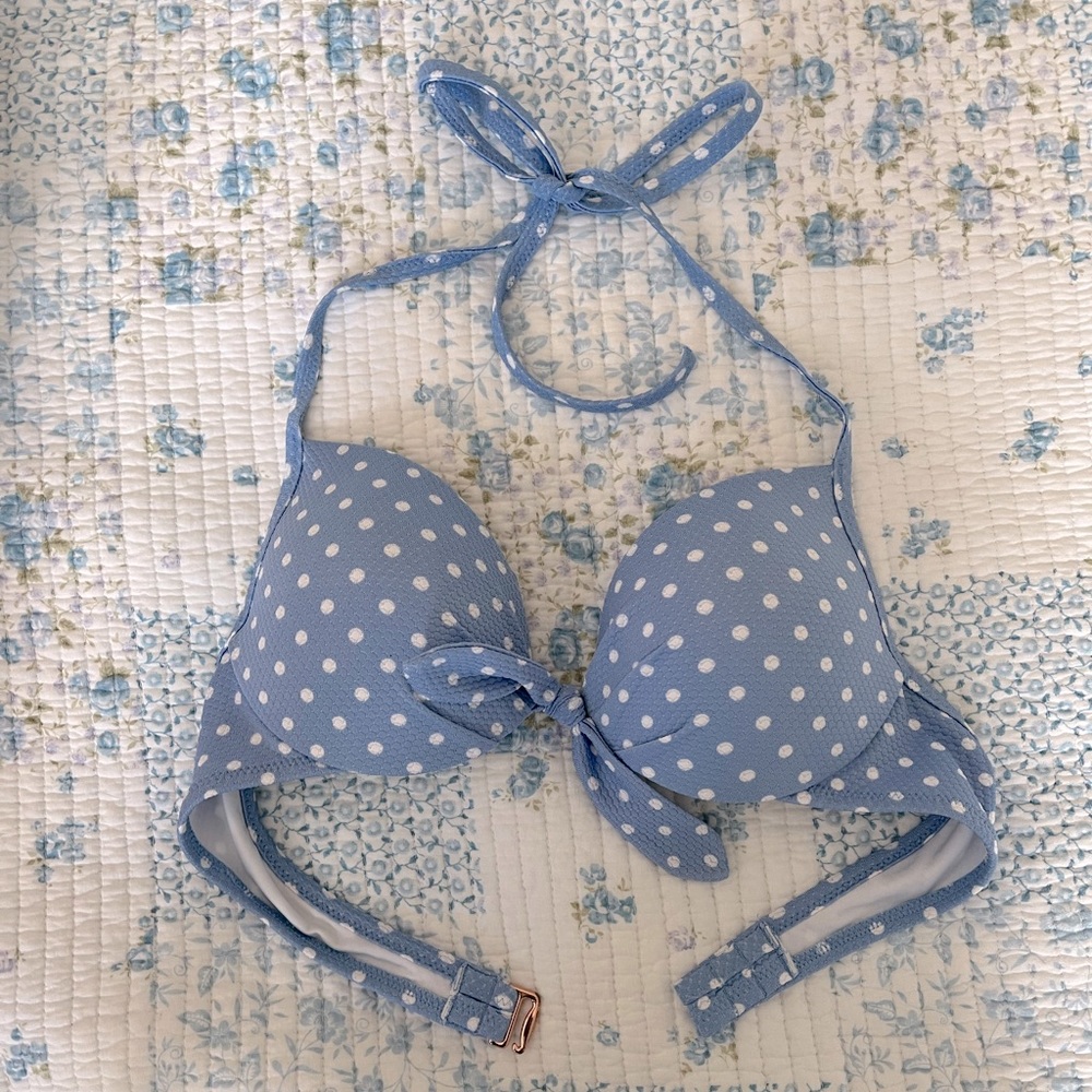 Blue and white polka dot swimsuit set